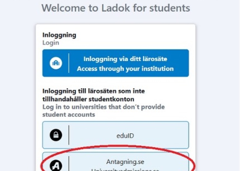 Log into Ladok using university admissions.se