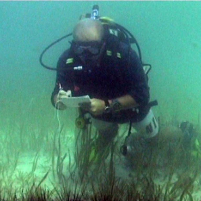 Man underwater in diving equipment taking notes on white sheet..