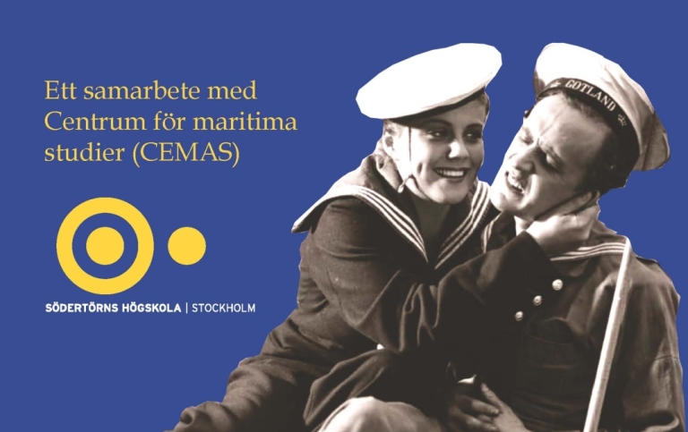 En affisch med svartvit bild av man och kvinna i sjömanskläder. Södertörns högskolas logotyp. 
