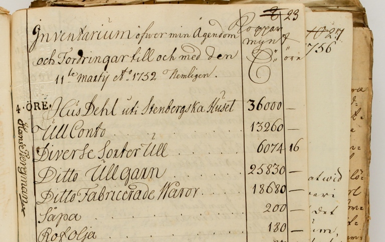 Inledningen till en förteckning över tillgångar år 1752 för en yllefabrikör i konkurs