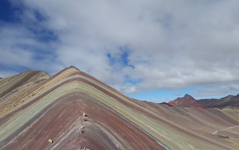 View of the mountains of seven colors or the rainbow mountain, in Quechua Vinicunca or Winikunka