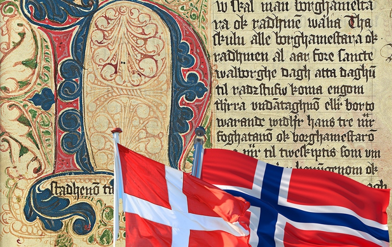 Handskriven text med stor vackert målad enfang, samt danska och norska flaggan (bildmontage)