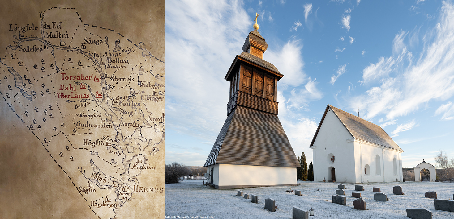 Karta över bygd i Ångermanland och bild på kyrka