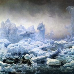 Painting from 1841 of Walrus fishing by the Greenlanders, view from the icy ocean