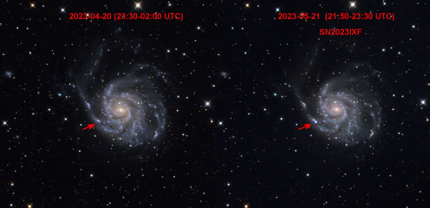 Two images of a spiral galaxy. In the right one a bright supernova is visible