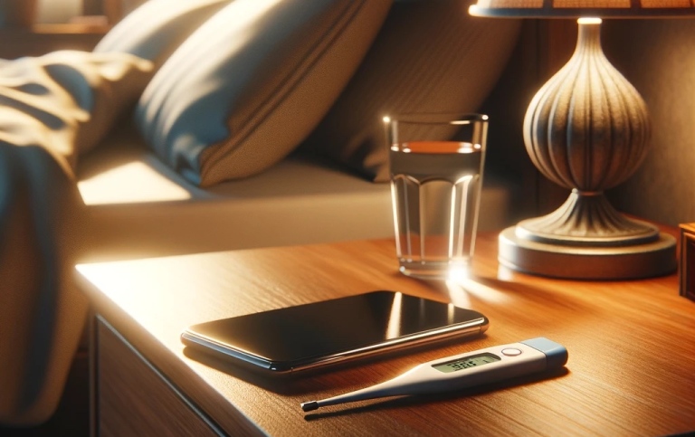 Febertermometer, smart telefon, vattenglas och lampa på ett nattduksbord.