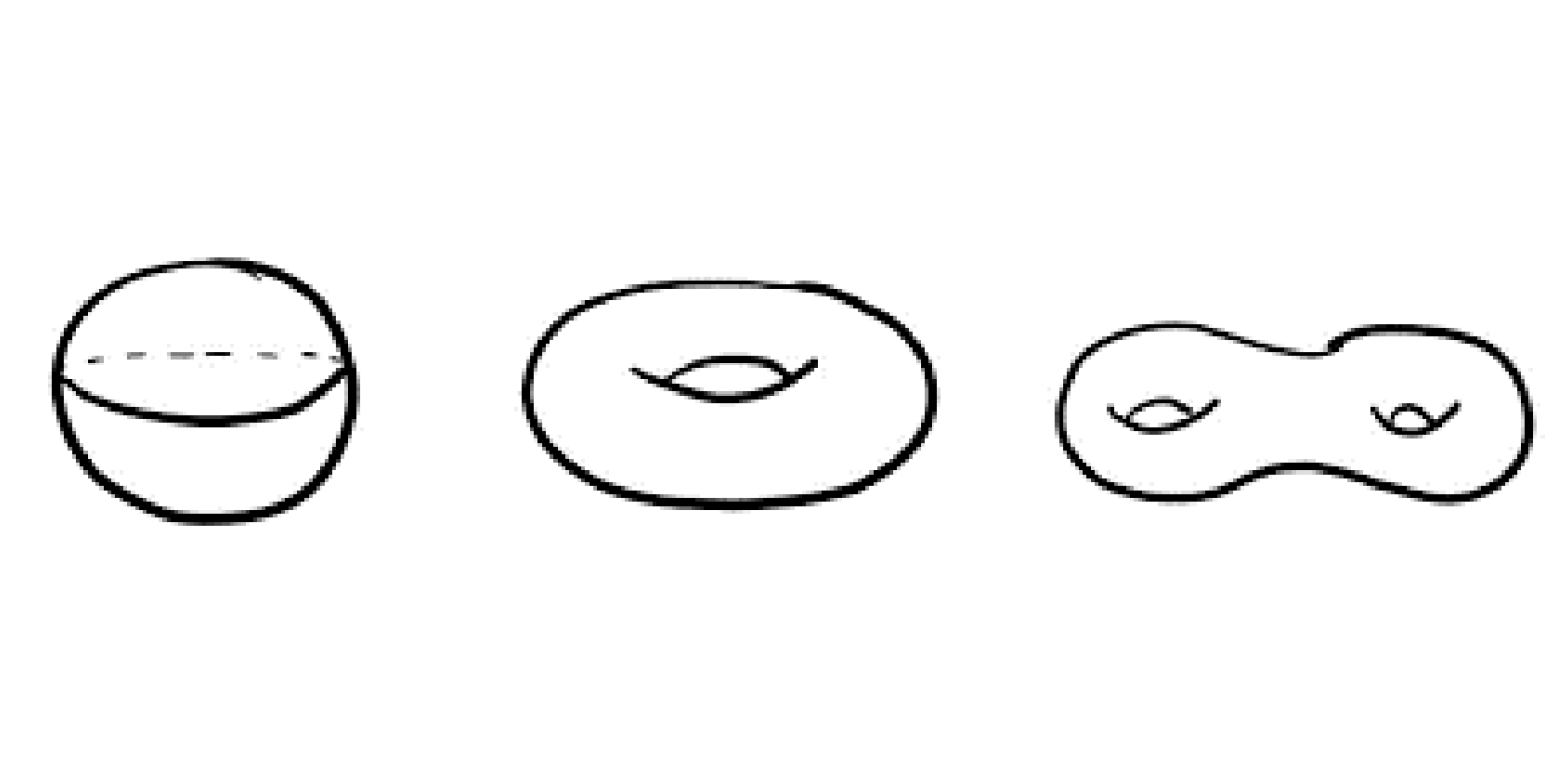 Three figures: a sphere, a torus (donut shape) and one like two donuts glued together like an 8.
