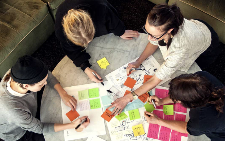 Four people working together over a table filled with colorful post-it notes.