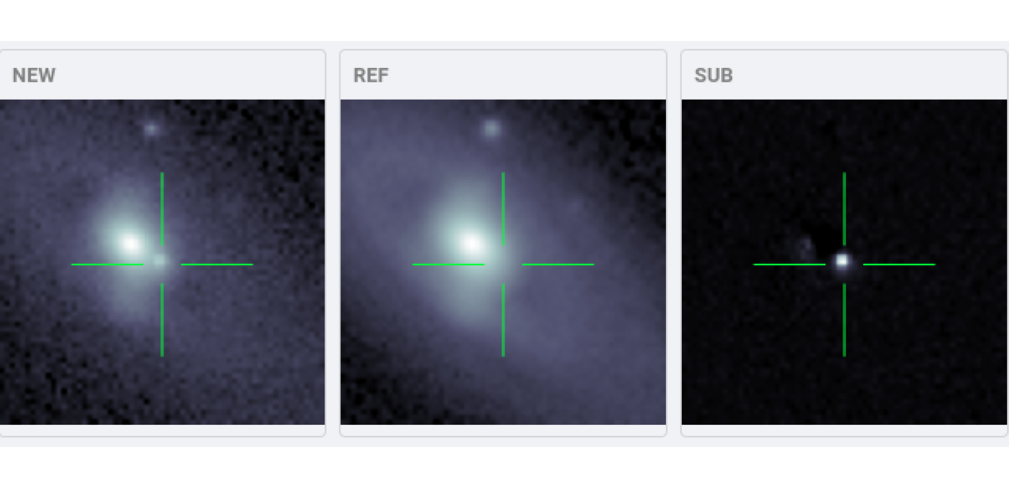 En galax före supernovan, den första bilden av supernovan (mitten) och en subtraktion av de två
