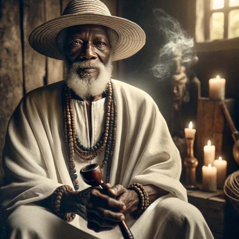 Elderly enslaved African with a gentle expression and a traditional attire, holding a pipe