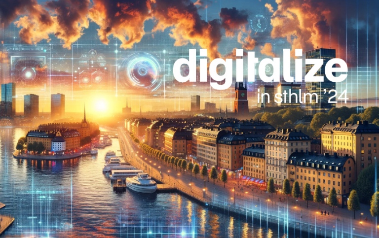 AI-genererad bild av Stockholm med vatten, byggnader och texten "Digitalize in Sthlm '24"