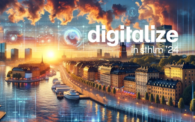 AI generated illustration of Stockholm with water, buildings and text "Digitalize in Sthlm '24".