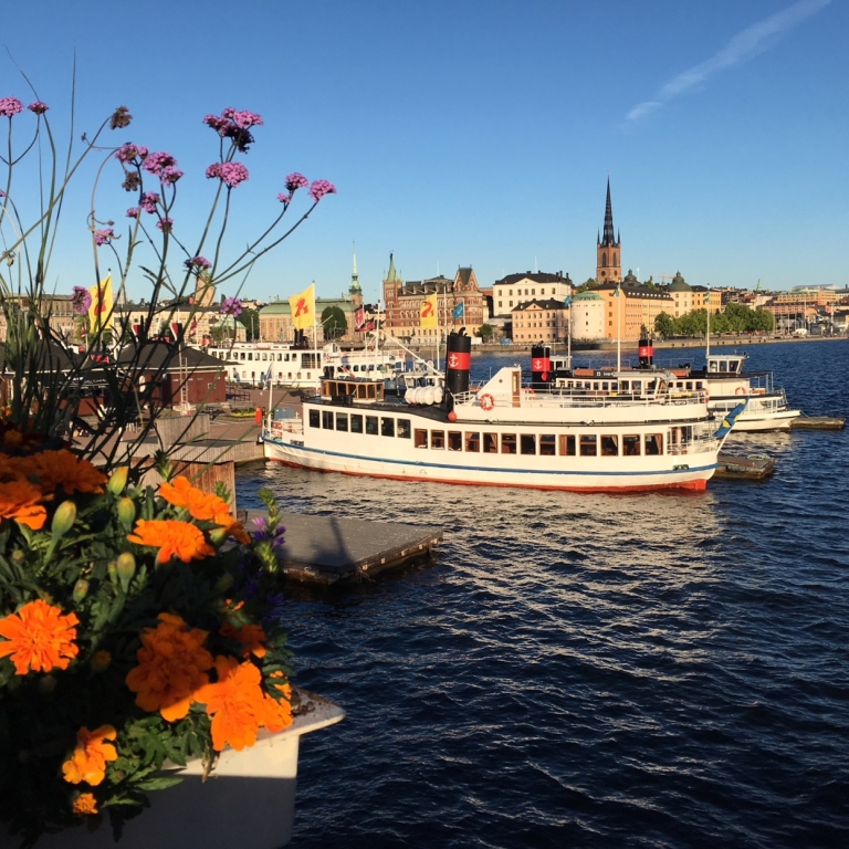 Photo of a couple of archipelago ferries, docked in the inner city. Flowers in the foreground.