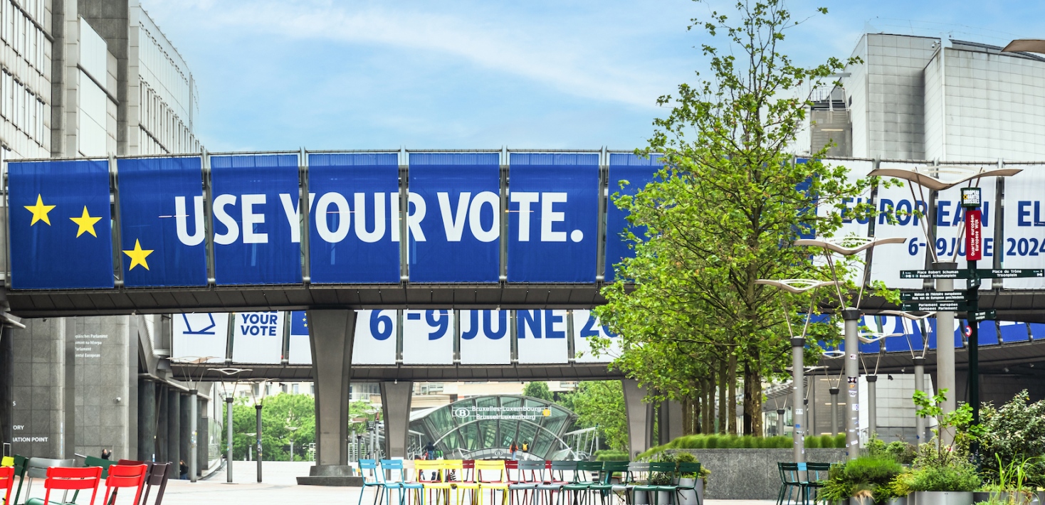 Poster in Brussels, announcing the European election 2024. Photo: Daniella Baumann/Mostphotos