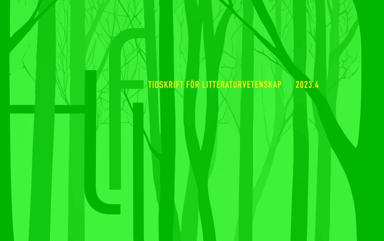 Illustration av skog i stark grön färg. Bland träden syns tfl tidskrift för litteraturvetenskap