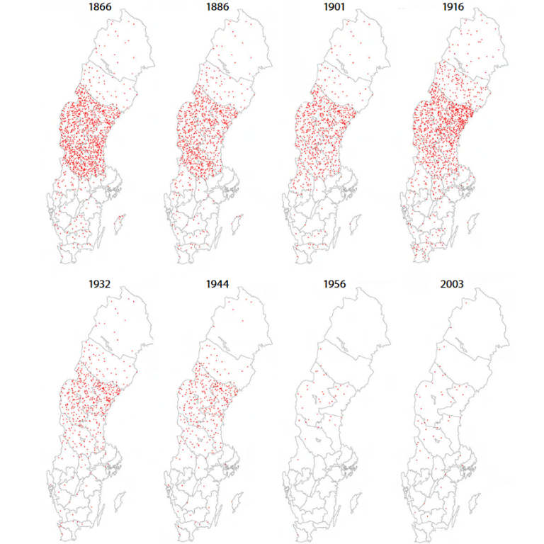 Åtta sverigekartor som visar utspridningen av getter på länsnivå mellan åren 1866-2003.