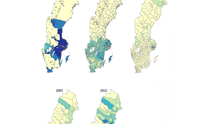 Fem sverigekartor som visar andelen träda av total åkerarea 1700, 1902, 1981, 2001 och 2022.