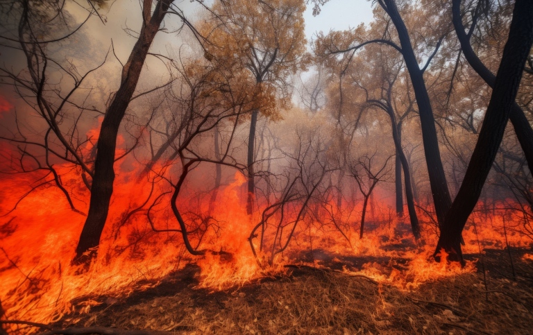 Fire spreading through a forest. 