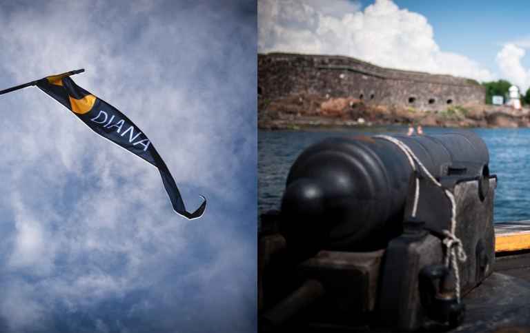 collage made from one picture of a flag with "Diana" written on it and one picture of a cannon. 