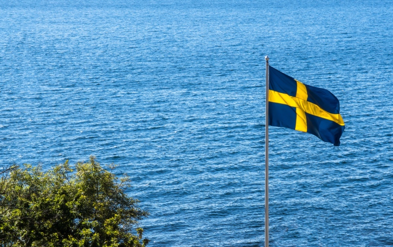 Svenska flaggan och träd i förgrunden. Havet i bakgrunden