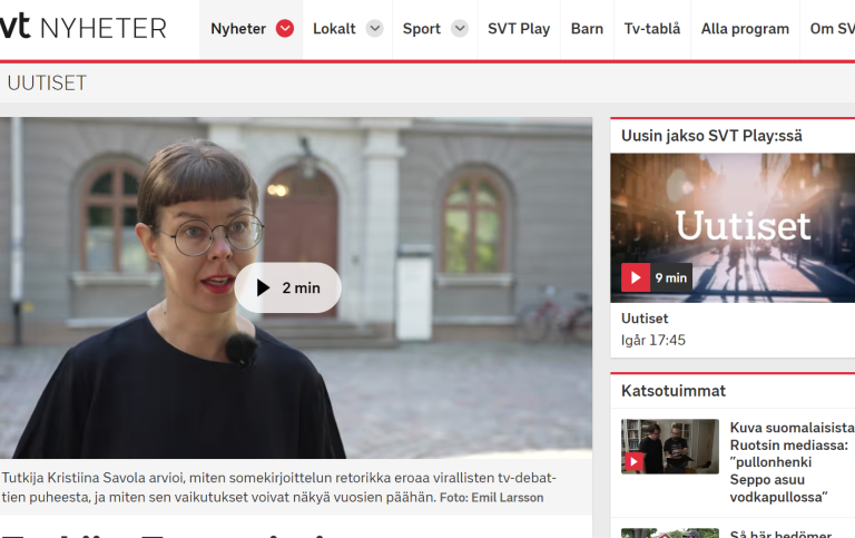 Skärmdump från SVT:s webbsida, med Kristiina Savola