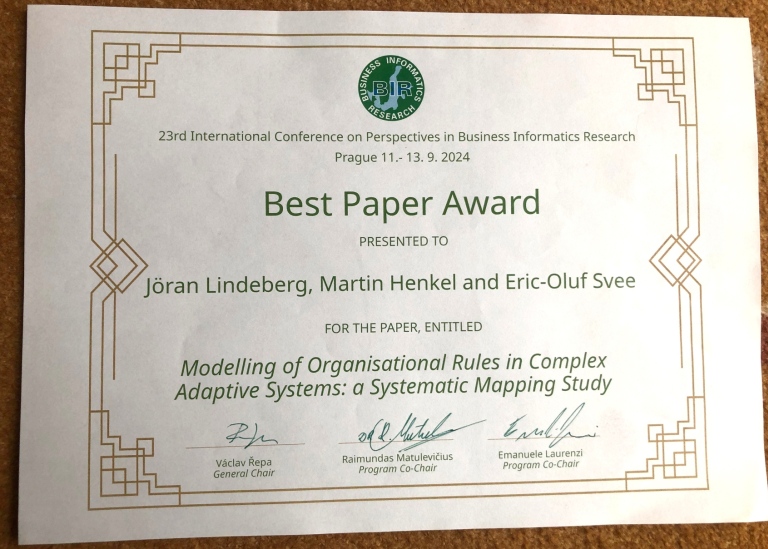 Best Paper Award-diplom från konferensen BIR2024.