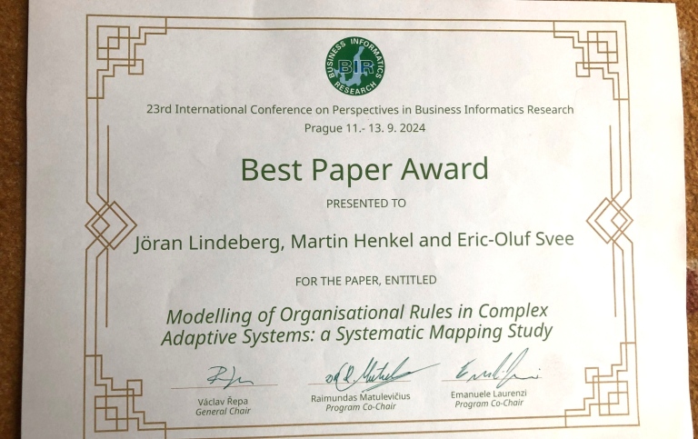 Best Paper Award-diplom från konferensen BIR2024.