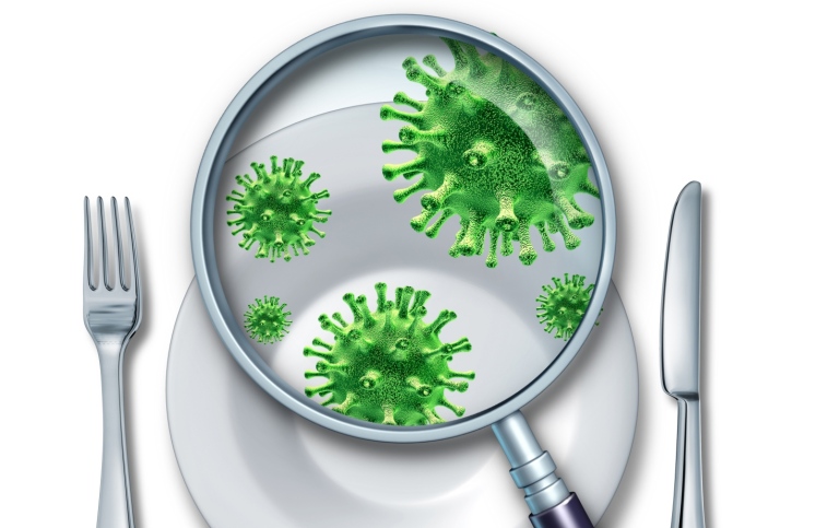 Illustration of a magnifying glass that shows bacteria on a white plate.