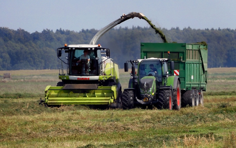 Field chopper and field wagon collect forage crops for silage