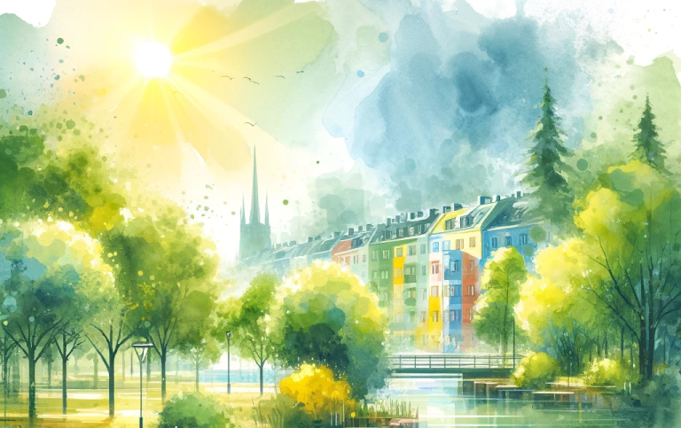 The cover of Yannick Klein's dissertation. A painted city view surrounded by water and trees.