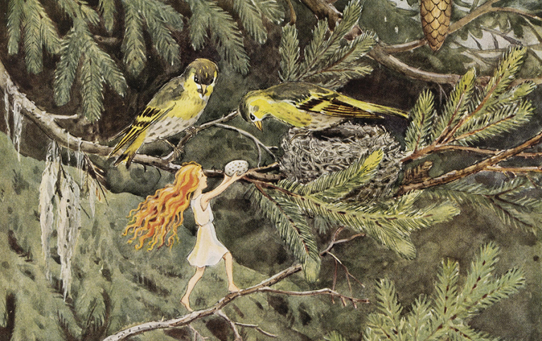 Elsa Beskow, Solägget (1932). Foto: Göteborgs universitetsbibliotek Elsa Beskows illustration ur Solägget. Liten flicka i träd med ägg i händerna