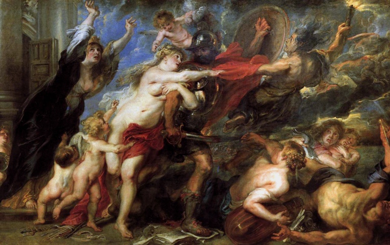 Allegori över krigets fasor, av Paul Peter Rubens 1638 Oljemålning av krigsscen i barock stil.