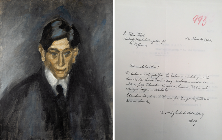 Felix Horb porträtterad av Friedrich Feigl.  Felix Horb porträtterad av Friedrich Feigl och en bild på ett handskrivet brev.