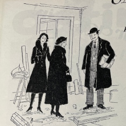 llustration av A. Bergman, till novellen ”Omplanteringen” av Elisabeth Kuylenstierna-Wenster, Idun 1930, nr 13. Svartvit illustration från 1930-talet som föreställer två kvinnor och en man.