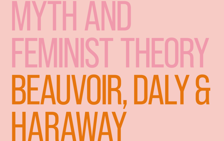 Detalj av Adam Kjellgrens avhandling. Text på rosa yta: Myth and feminist theory. Beavoir, Daly och Haraway.