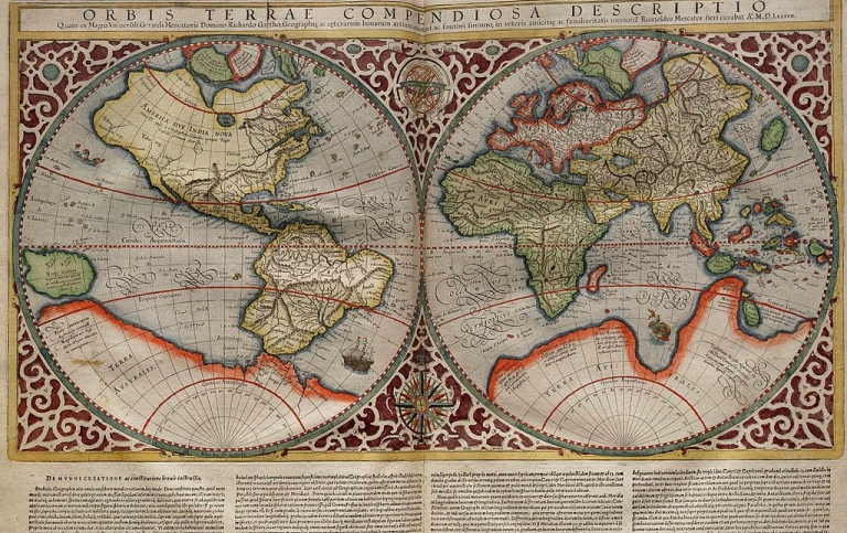 Världskarta från 1587 av Rumold Mercator. Källa: Wikimedia Commons Världskarta från 1587.