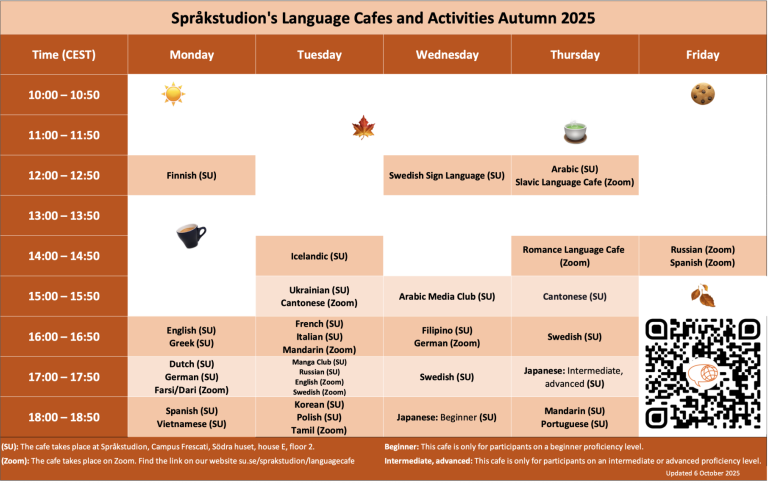 Language Cafe schedule Autumn 2025