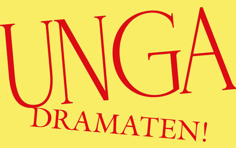 Detalj av omslaget till boken Unga Dramaten Röda versaler på gul bakgrund: Unga Dramaten.